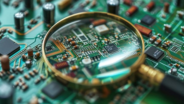 Close-up of electronic circuit board with magnifying glass. Technology concept.