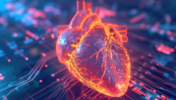 3D Illuminated Human Heart Amidst Digital Circuitry