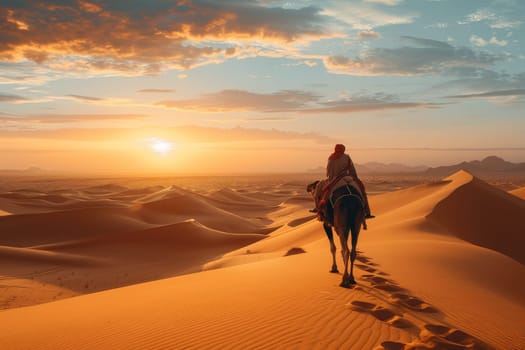 A man is riding a camel in a desert with a beautiful sunset in the background. Concept of adventure and freedom, as the man and his camel traverse the vast, sandy landscape. The warm