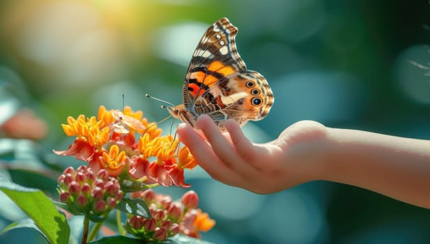 Child holding colorful butterfly near flowers
