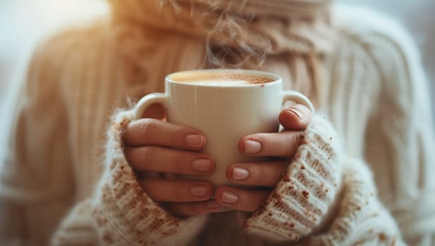 Woman cradling hot coffee cup in hands during winter