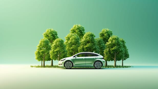 Eco friendly green car amidst lush trees