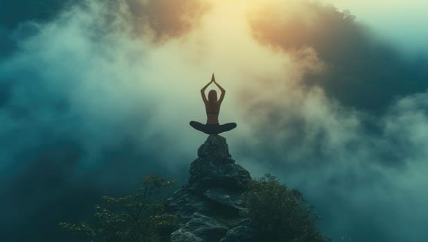 Woman practicing yoga on mountain peak amidst clouds