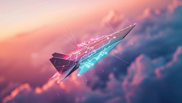 Futuristic paper plane flying above clouds with digital trails