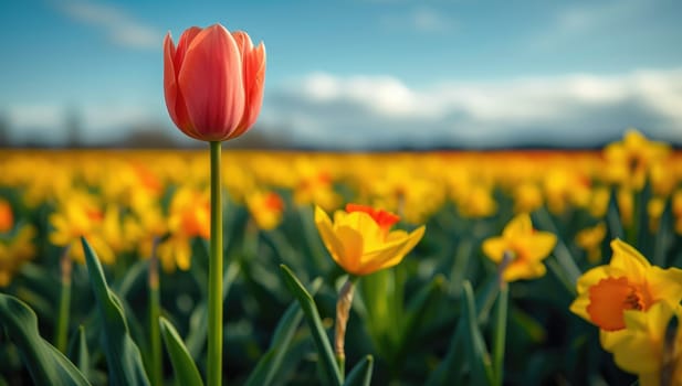 Single Red Tulip Amidst Yellow Tulip Field Under Bright Sky