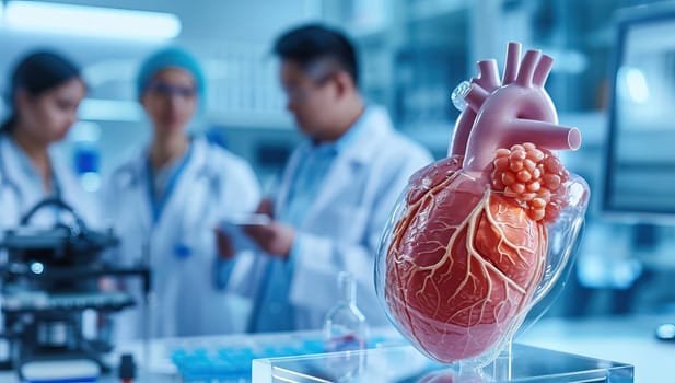 Medical team examining human heart model in laboratory