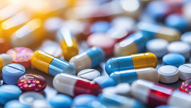 Assortment of pills and capsules on blue
