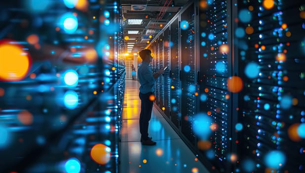 Young man in datacenter server room. Internet and technology concept. Man inspecting servers in datacenter.