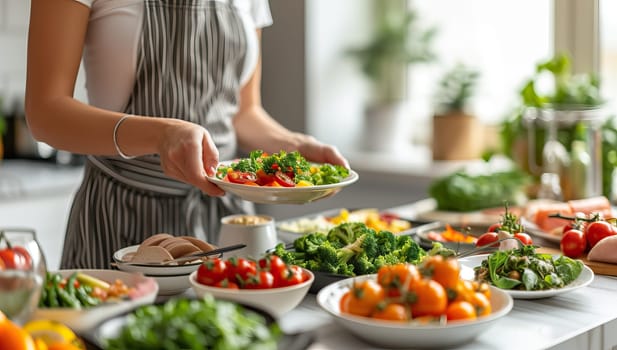 Woman preparing fresh vegetable salad in kitchen