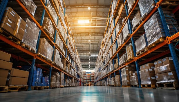 Large warehouse interior with rows of shelves filled with boxes