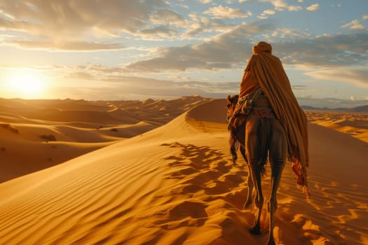 A man is riding a camel in a desert. The sky is orange and the sun is setting