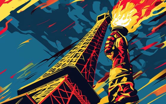 Artwork of the Eiffel Tower gripped by a fiery fist, with dynamic streaks and a vivid, contrasting color scheme