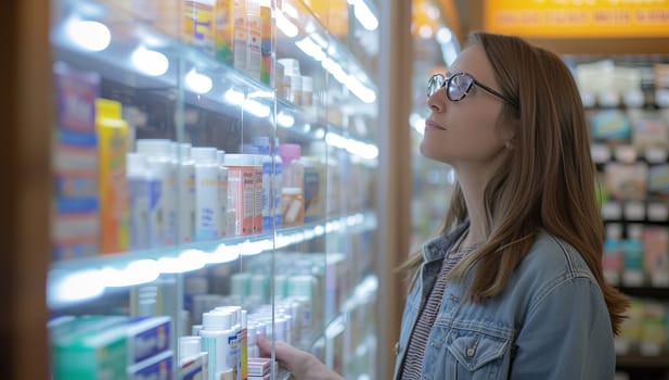 Adult woman selecting medicine in pharmacy