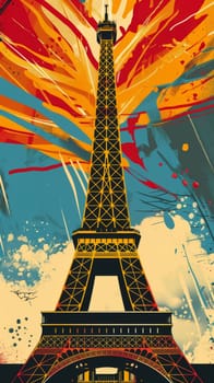 An artistic, colorful illustration of the Eiffel Tower bursts with dynamic strokes and splatters on a vertical canvas