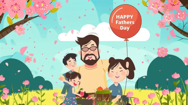 In a vibrant spring setting, a father enjoys a picnic with his children, complete with cupcakes and a joyful atmosphere for Fathers Day