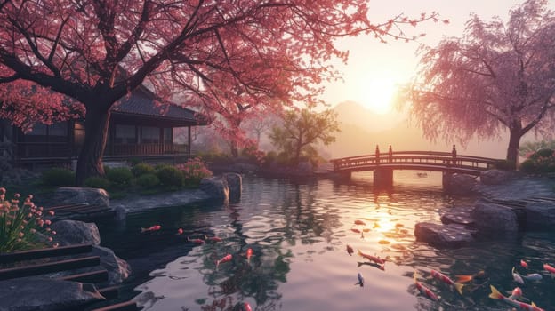 A serene Zen garden at sunrise, with a gently flowing stream, cherry blossoms in full bloom, and a quaint wooden bridge. Resplendent.