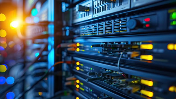 close up of network servers in a technology data center room with bright lights