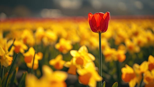 Single red tulip stands out in a field of yellow daffodils