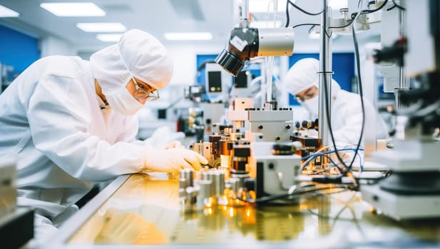 scientist in white suit and glasses working with high technology in laboratory