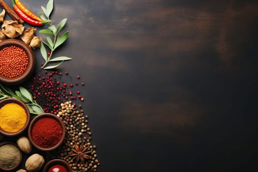 Variety of spices and herbs on dark wooden background