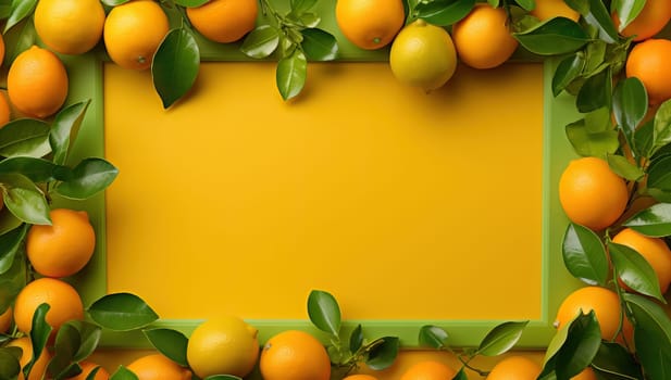 Fresh tangerines forming a frame on a yellow background