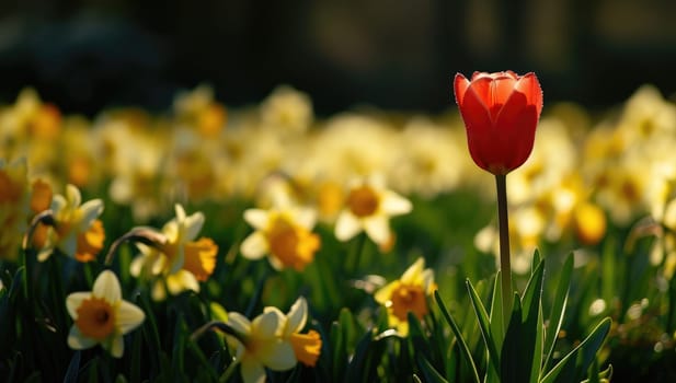 Single red tulip standing tall amidst a field of blooming yellow daffodils bathed in sunlight