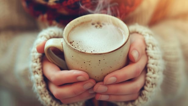Woman holding warm coffee cup in cozy sweater