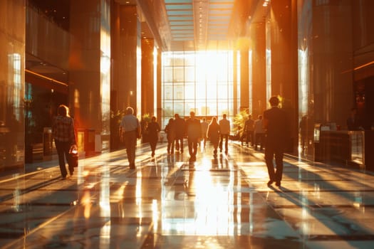 A group of people walking down a hallway in a building. The sun is shining through the windows, casting a warm glow on the people and the floor. The scene is bustling and lively