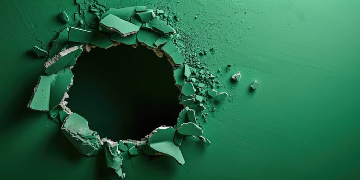 Close up view picture of the hollow green hole on the the wall that show the breaking part of the wall that has been made from strong material yet still can break to look through other side. AIGX03.