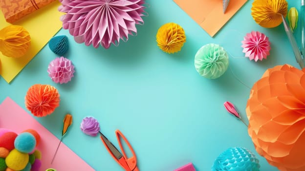 There is an array of craft supplies on the table including green textiles, plant motifs, aqua paint, magenta patterns, and creative art materials AIG50