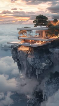 A beautiful house perched on a cliff with stunning views of the ocean, surrounded by the natural landscape and atmosphere of water, clouds, and the sky