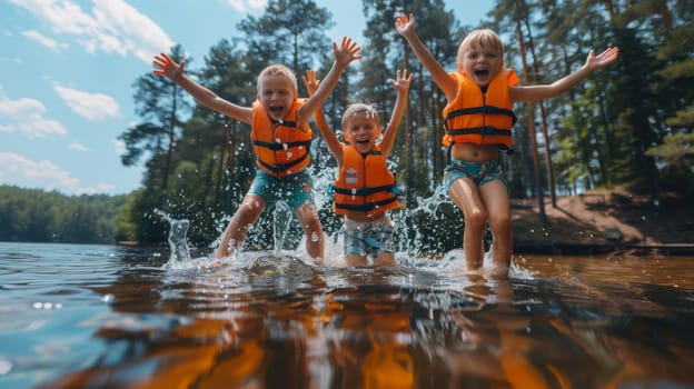 Three children are splashing in the water, wearing orange life jackets. Scene is joyful and playful