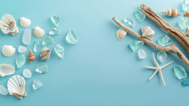 Waterinspired art with sea shells and glass beads on an electric blue background, creating a stunning pattern reminiscent of aqua circles. A fashion accessory perfect for any beach event AIG50