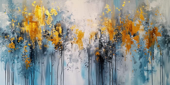 The abstract picture of the gold, blue and black colour that has been painted or splashed on the white blank background wallpaper to form random shape that cannot be describe yet beautiful. AIGX01.
