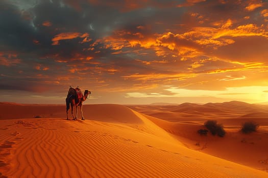 A camel is standing on a sandy hillside in the desert. The sky is orange and the sun is setting