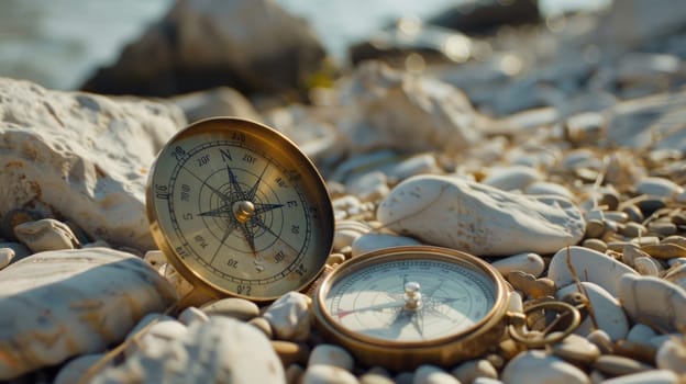 A compass rests on a stack of rocks amid natural materials like soil and wood. The electric blue water surrounds the landscape, home to marine biology like molluscs in the circle of life AIG50