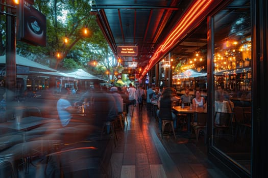 A busy restaurant with people sitting at tables and a neon sign above the entrance. The atmosphere is lively and bustling