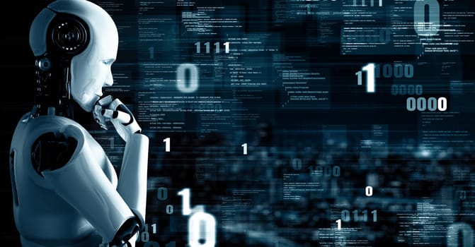 MLP 3d illustration Futuristic robot artificial intelligence huminoid AI programming coding technology development and machine learning concept. Robotic bionic science research for future of human life. 3D rendering.