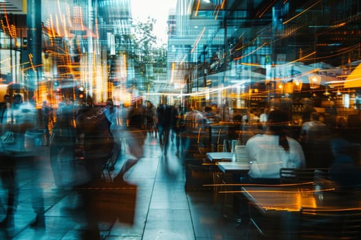 A blurry image of a busy city street with people walking and sitting at tables. Scene is bustling and lively, with a sense of movement and activity