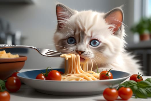 cute Ragdoll kitten looking at cooked noodles with cheese in a plate .