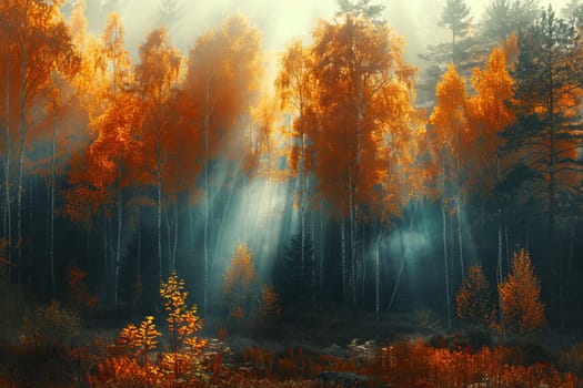 A forest with trees in the foreground and background. The trees are orange and the sun is shining through the trees