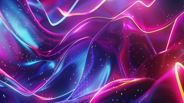 An image of abstract glowing neon light wallpaper with black background. A picture of messy futuristic technology glowing light line. Powerful electrical energy plasma with neon light. AIG42.