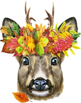 Watercolor drawing of the animal - roe deer in autumn wreath, sketch