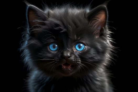 black fluffy kitten, isolated on a black background .