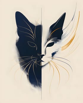 A Felidae, carnivorous black and white cat with whiskers and a tail, is depicted split in half on a white background in an art paint style