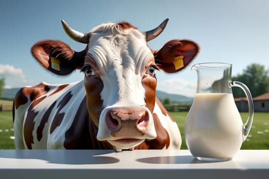 cow and fresh milk in a carafe on the table .