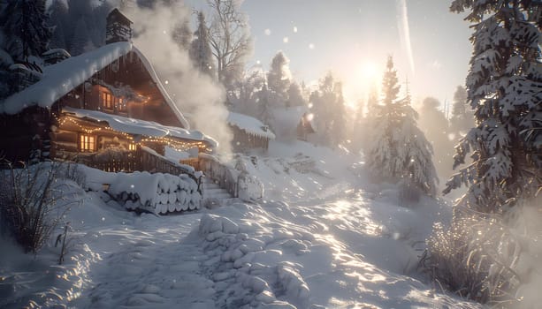 A cozy log cabin nestled in the snowy forest, surrounded by tall trees and a serene atmosphere. The white snow blankets the landscape creating a picturesque scene