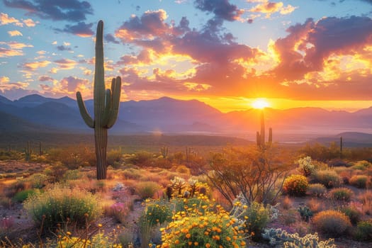 A desert landscape with a cactus and a sunset in the background. The sun is setting and the sky is filled with clouds