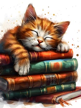 A small carnivore from the Felidae family, the cat is peacefully sleeping on a stack of books, showcasing its whiskers and tail. This artistic scene combines nature with literature and textile