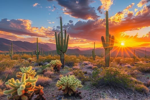 A desert landscape with a sunset in the background. The sun is shining on the cacti, making them look like they are glowing. The sky is filled with clouds, creating a moody atmosphere